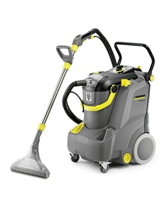 Kärcher Puzzi 30/4 commercial spray extraction carpet cleaner showcasing its vertical tank design and flexible floor wand.
