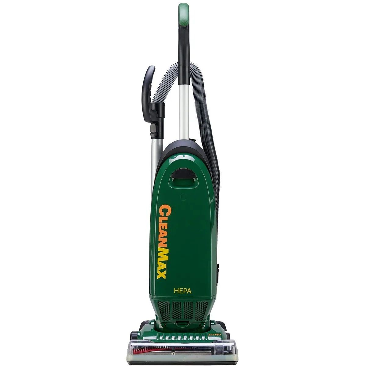 Industrial green CleanMax Nitro commercial upright vacuum displaying its 12.5-inch deck, metal brushroll, and Quick Draw tool