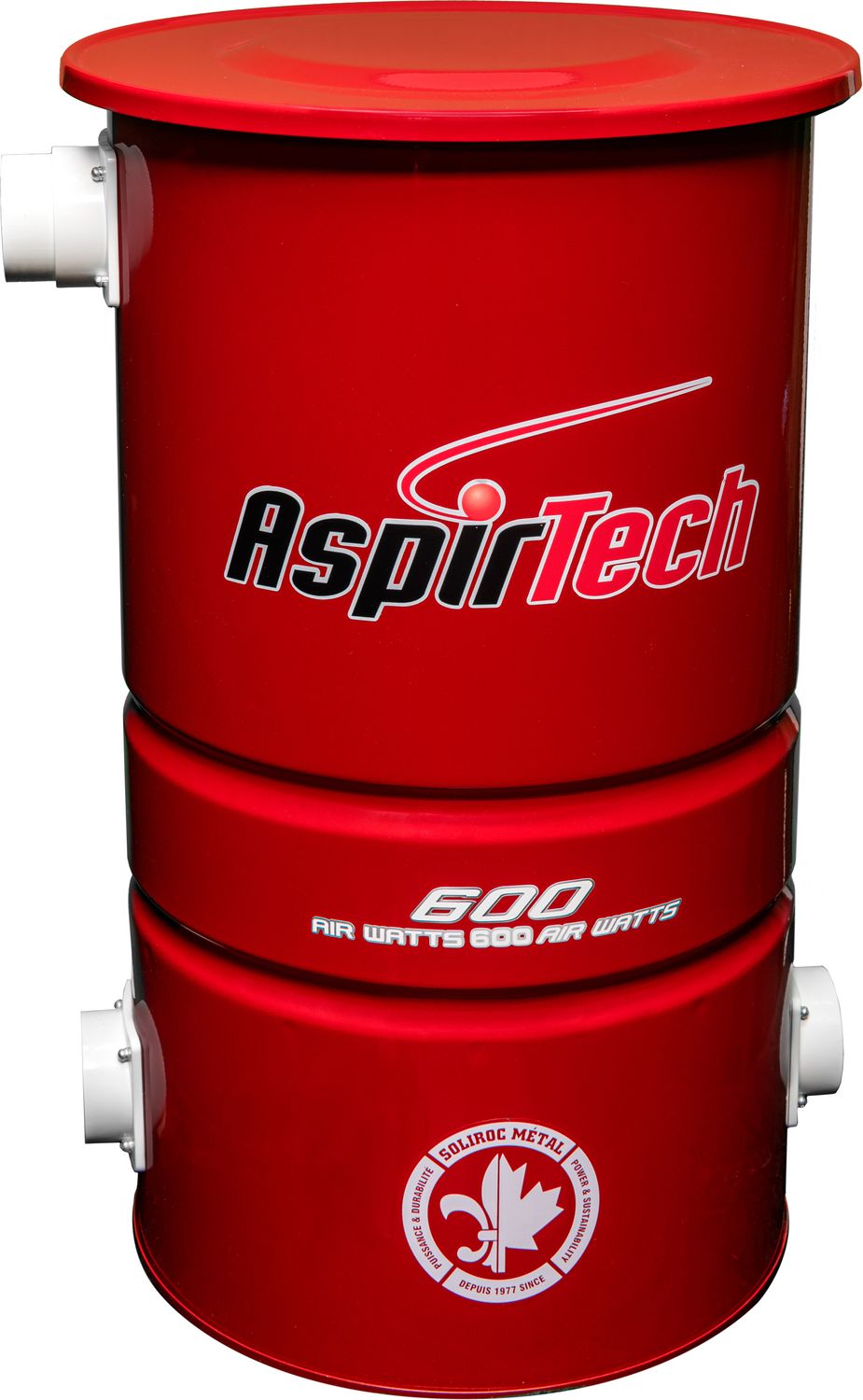 AspirTech Model 600 ultra-compact steel central vacuum power unit wall mounted in laundry room.