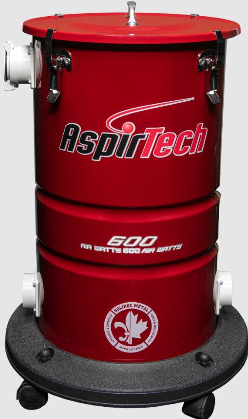 AspirTech Model 600 Cart mobile central vacuum unit on heavy-duty wheeled frame in auto detail shop.