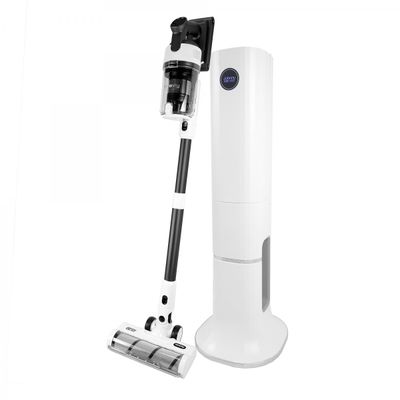 JohnnyVac SERENITY cordless stick vacuum resting on its inclusive freestanding charging station alongside its attachment tool