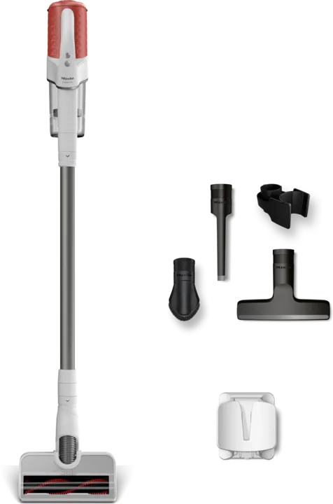 Lifting the crisp White and Terra Red Miele Duoflex HX1 handheld vacuum out of its wall-mounted SpeedLock bracket for a quick