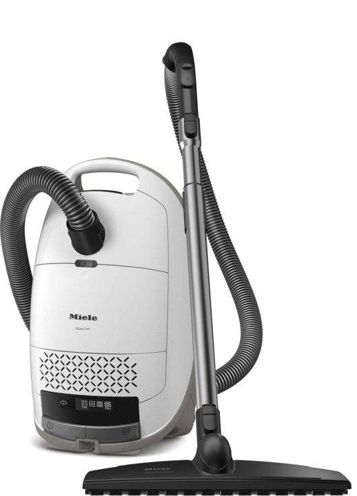 Brilliant White Miele Guard M1 Parquet XL canister vacuum displaying the extra-wide SBB 400-3 Parquet Twister floor brush.