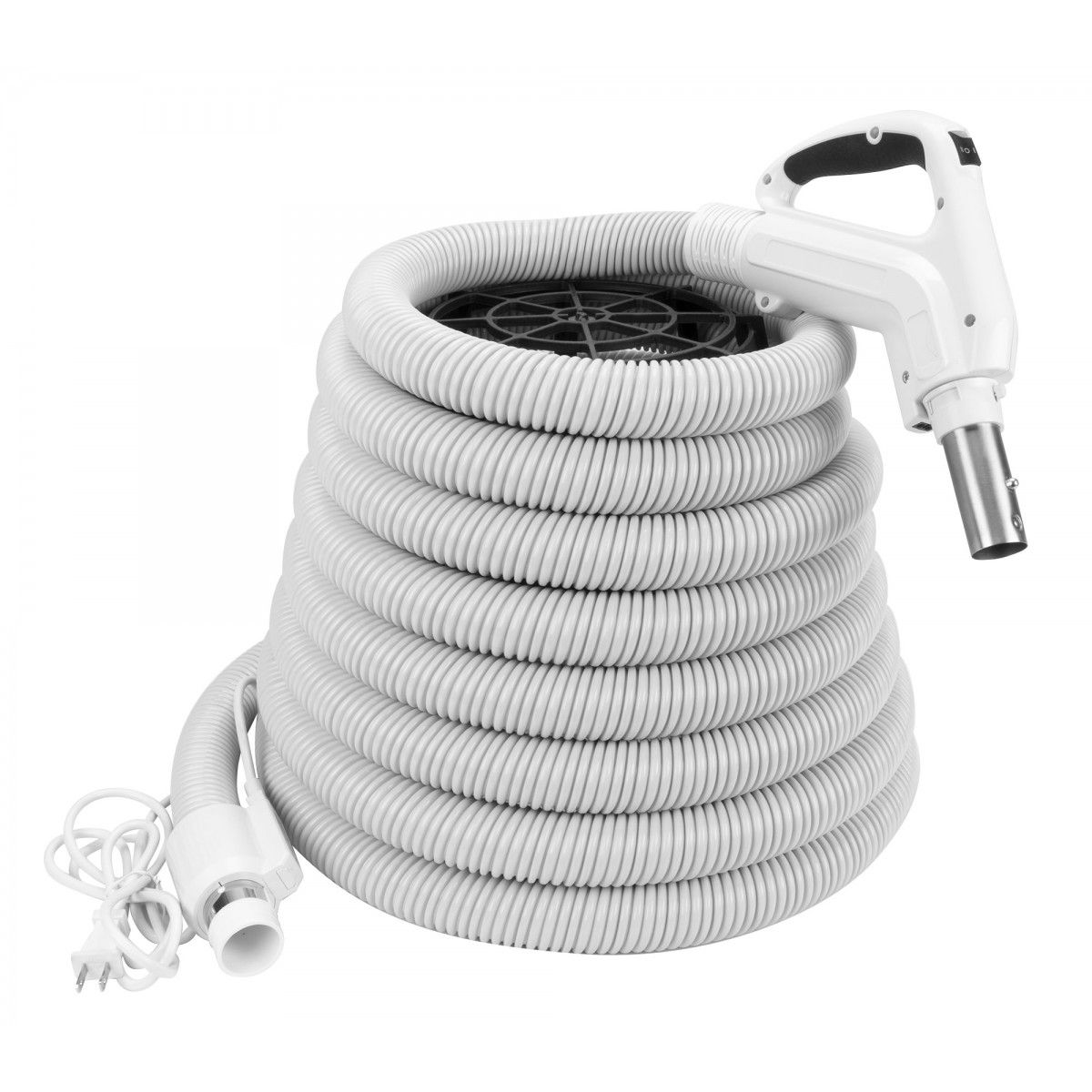 30-foot dual voltage central vacuum hose with ergonomic comfort handle coiled on rack.