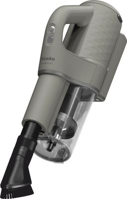 Miele Duoflex HX1 transformed into handheld mode using the SpeedLock system with flexible suction hose and XL crevice tool.