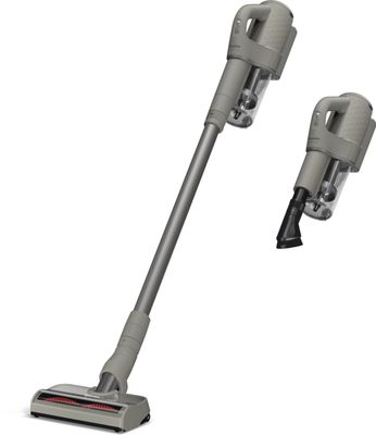 Miele Duoflex HX1 CarCare cordless stick vacuum in Casa Grey standing with MultiFloor Electrobrush attachment.