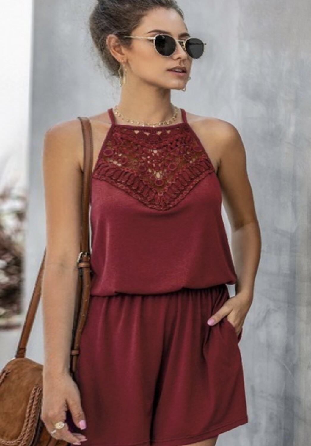 Spagetti Strap Halter Neck Wine Romper