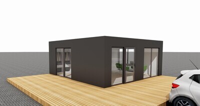 AdaptaHub Office 01 modular cabin, 6x6 meters, ideal for offices, showrooms, and galleries. Features include plug-and-play delivery, 100 mm PIR insulation in walls and roof, high-quality trapezoidal cladding with wood look in anthracite color, flat roof with eaves. Interior includes 100 mm floor insulation, OSB board, and customizable PVC flooring. Equipped with 2 LED lights, 2 double sockets, and a distribution box. High-quality aluminum double-glazed windows and doors in anthracite RAL 7016, with 5 fixed showcase windows, 2 tiltable windows, and 1 showcase entrance door. Includes bathroom with shower, toilet, sink, boiler, and electric radiator. Pure usable area of 33.64 m², overall U-Values of 0.24 W/m²K.