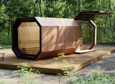 Cosmo Sauna with Jacuzzi, 7m x 2.45m, offering a luxurious garden oasis for relaxation and well-being. Features include a sauna and 180 cm hot tub jacuzzi. Dimensions: 700 cm length, 245 cm width, 260 cm height. Constructed with Thermosin wood paneling, thermal insulation foil, 75 mm plywood, 10 cm rock wool insulation, and waterproof Farmacell H20 board. Openwork facade board in Thermosin. Glazing includes 8 mm transparent tempered glass for the sauna and vestibule entrance. Sauna door is 8 mm glass. Equipped with a 9KW Narvi furnace and controller. Includes abachi wood benches, and a front terrace with electricity and water installation.