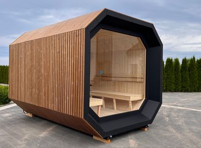 Cosmo Garden Sauna, 2.45m x 4m, featuring a luxurious and nature-inspired design. Built with robust C24 Scandinavian spruce and energy-efficient glazing. Includes dimensions of 400 cm length, 245 cm width, and 245 cm height. Interior features standard spruce wood panelling, thermal insulation foil, 95 x 45 mm C24 wood structure, 10 cm rock wool insulation, OSB board, and solid facade board. Equipped with 10 mm tempered glass glazing, a glass sauna door, and an optional glass or wooden entrance door to the vestibule. Includes a 80 cm vestibule or shower area and a Narvi stove with controller. Designed for ultimate relaxation and customization.