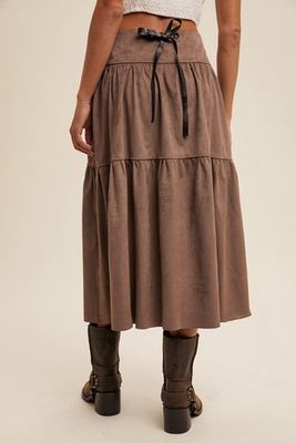 Suede Tiered Maxi Skirt with Back Bow Tie