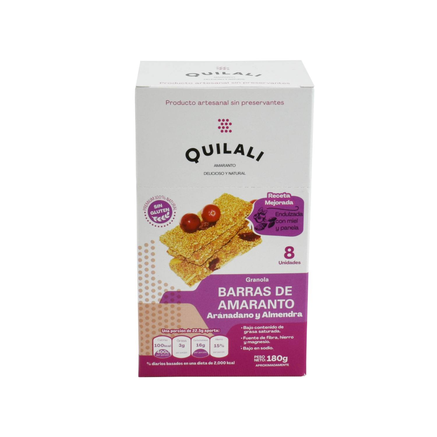 Barra de Amaranto Premium con Arándano y Almendra - Nutritivas, Saludable y 100% Natural. Sin gluten, sin azúcar refinada. Caja de 180g -8 barritas con 100kcal llenas de nutrición.