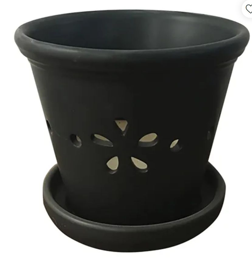 Daisy Orchid Pot w/ Saucer, Colour: MatteBlack, Size: 5.5"x5.25"