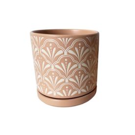 Tan &amp; White Ceramic Planter w/ Saucer