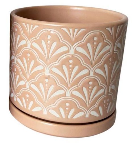Tan &amp; White Ceramic Planter w/ Saucer, Size: SM 4.5"Dx4.5"H