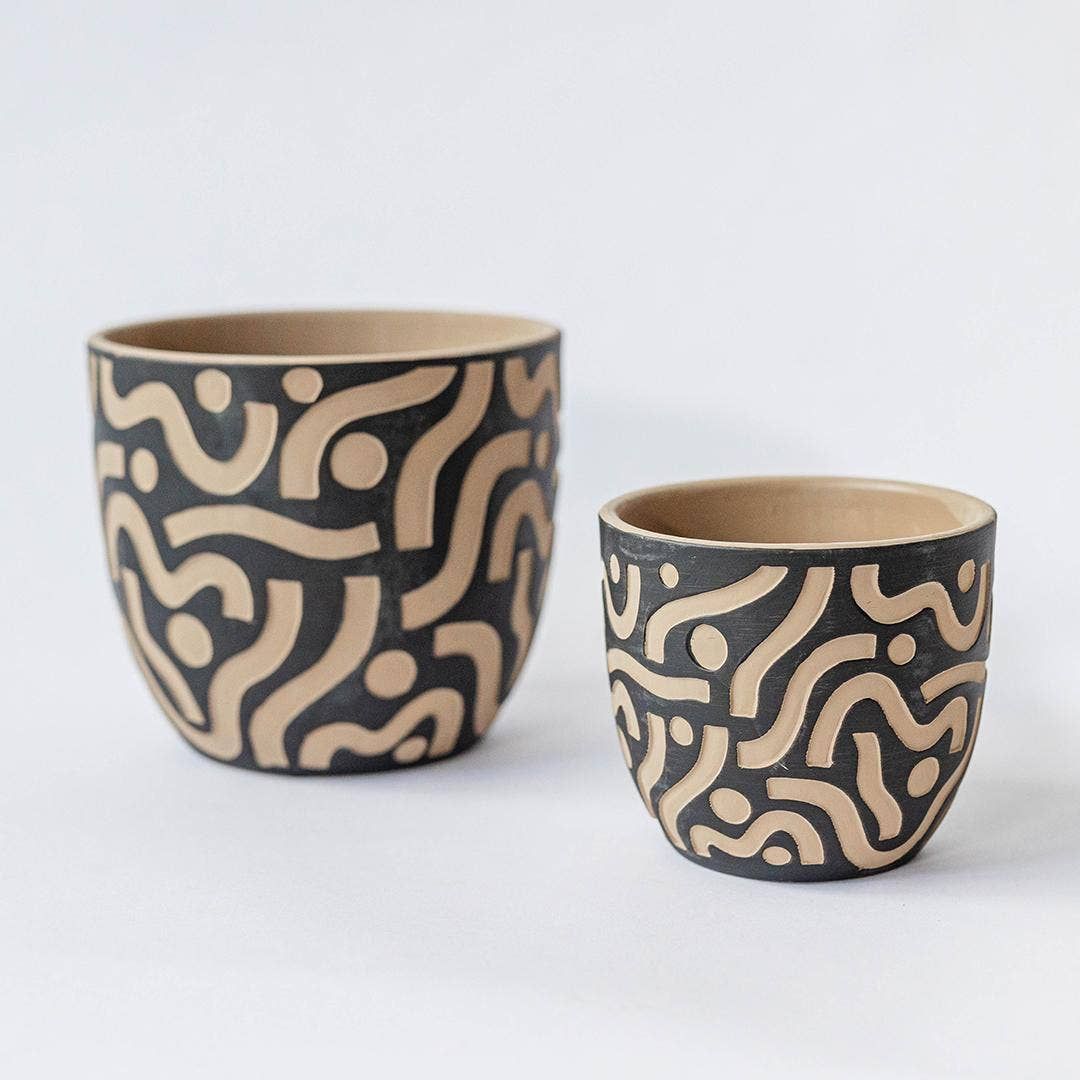 Terracotta Black Pot w/ Aztec Inspired Design, Size: SM 4.8"Dx4.3"H