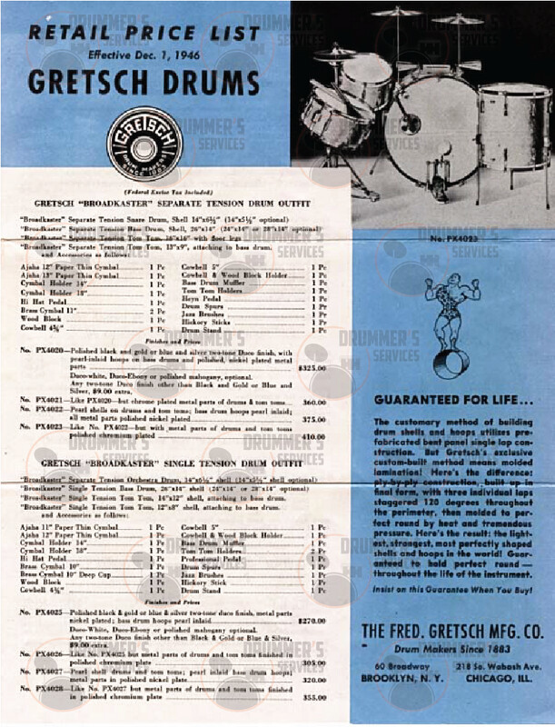 Gretsch Drum Pricelist - 1946