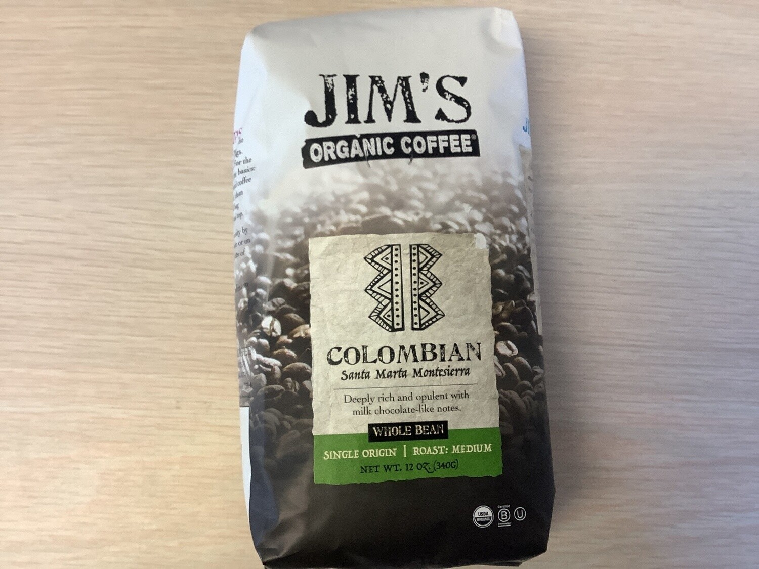JIMS COFFEE WHOLE BEAN COLUMBIAN ORGANIC 12 OZ
