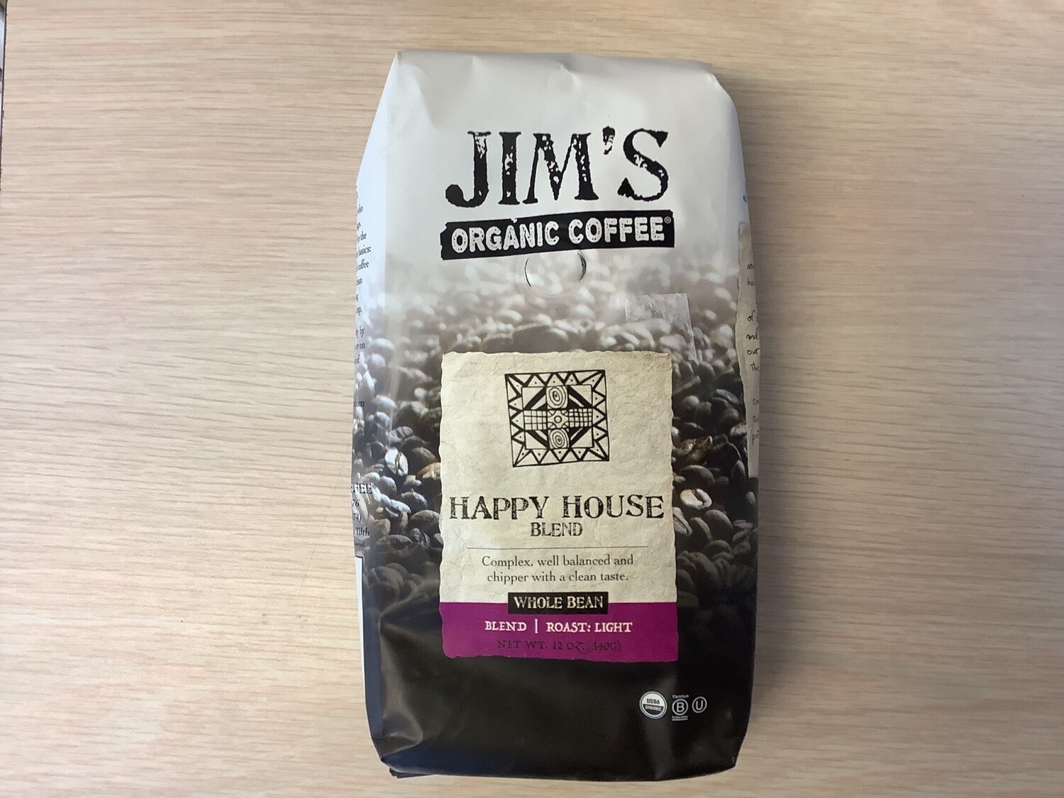JIMS COFFEE WHOLE BEAN HAPPY HOUSE BLEND ORGANIC 12 OZ