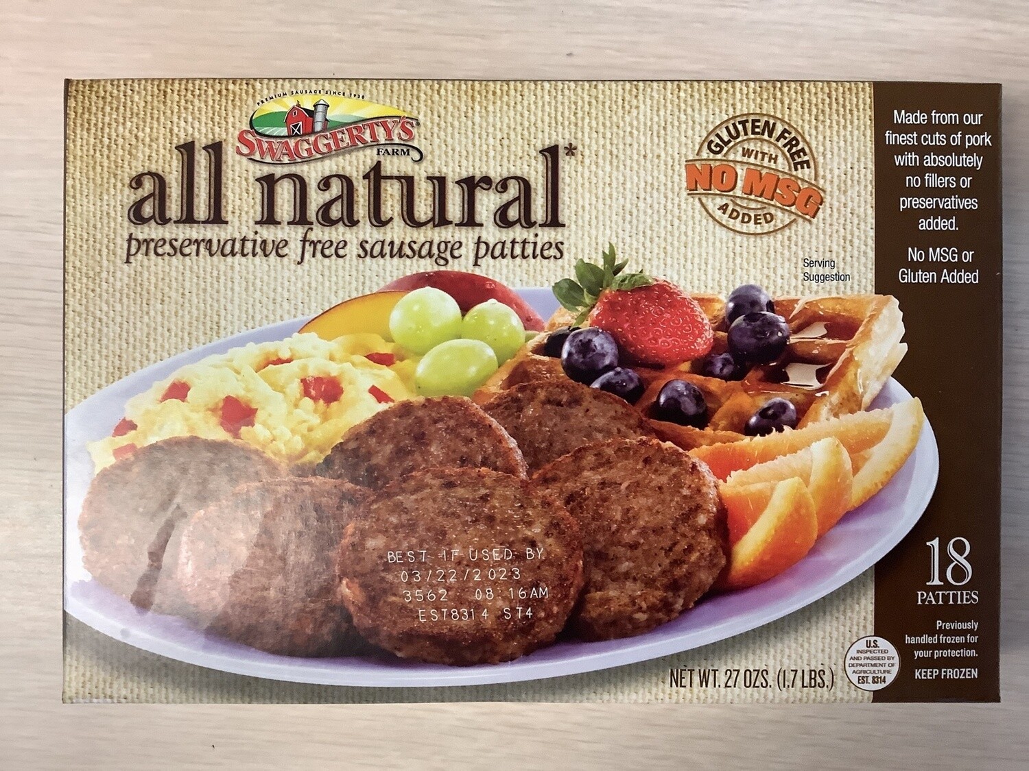 SWAGGERTYS FARM ALL NATURAL SAUSAGE PATTIES 27ozs FROZEN