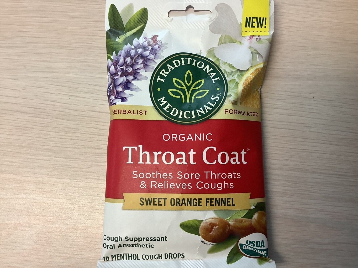 TRADITIONAL MEDICINALS THROAT COAT COUGH DROPS 16 CNT SWEET ORANGE FENNEL