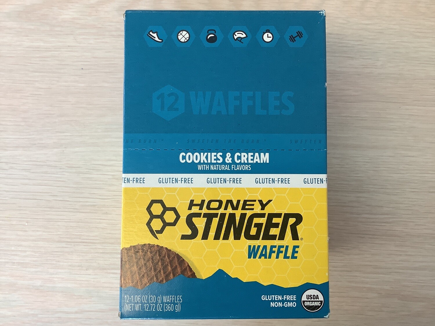 HONEY STINGER ENERGY WAFFLES COOKIES AND CREAM ORGANIC GLUTEN FREE BOX OF 12