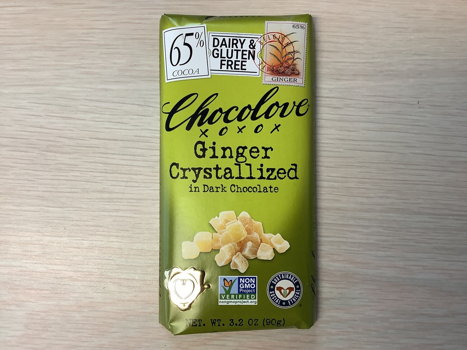 CHOCOLOVE CHOCOLATE BAR DARK GINGER CRYSTALS 3.2 OZ