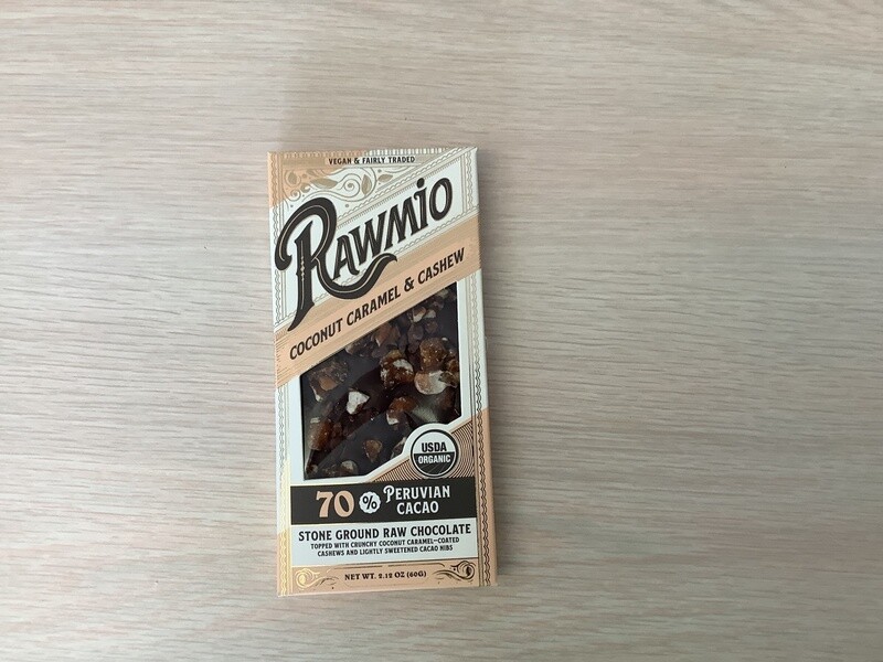 RAWMIO RAW CHOCOLATE BARK COCONUT CARAMEL CASHEW CACAO NIBS ORGANIC 2.12 OZ