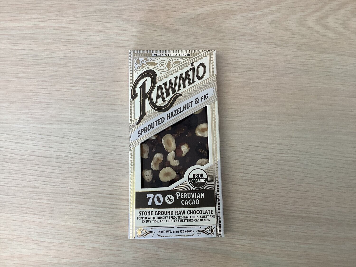 RAWMIO RAW CHOCOLATE BARK SPROUTED HAZELNUT FIG CACAO NIBS ORGANIC 2.12 OZ