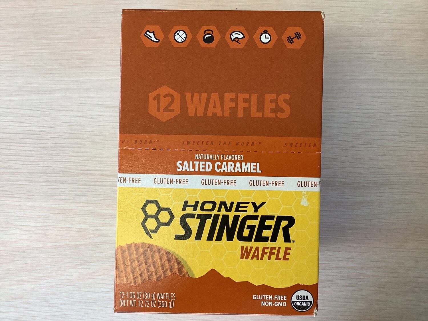 HONEY STINGER ENERGY WAFFLES SALTED CARAMEL ORGANIC GLUTEN FREE BOX OF 12