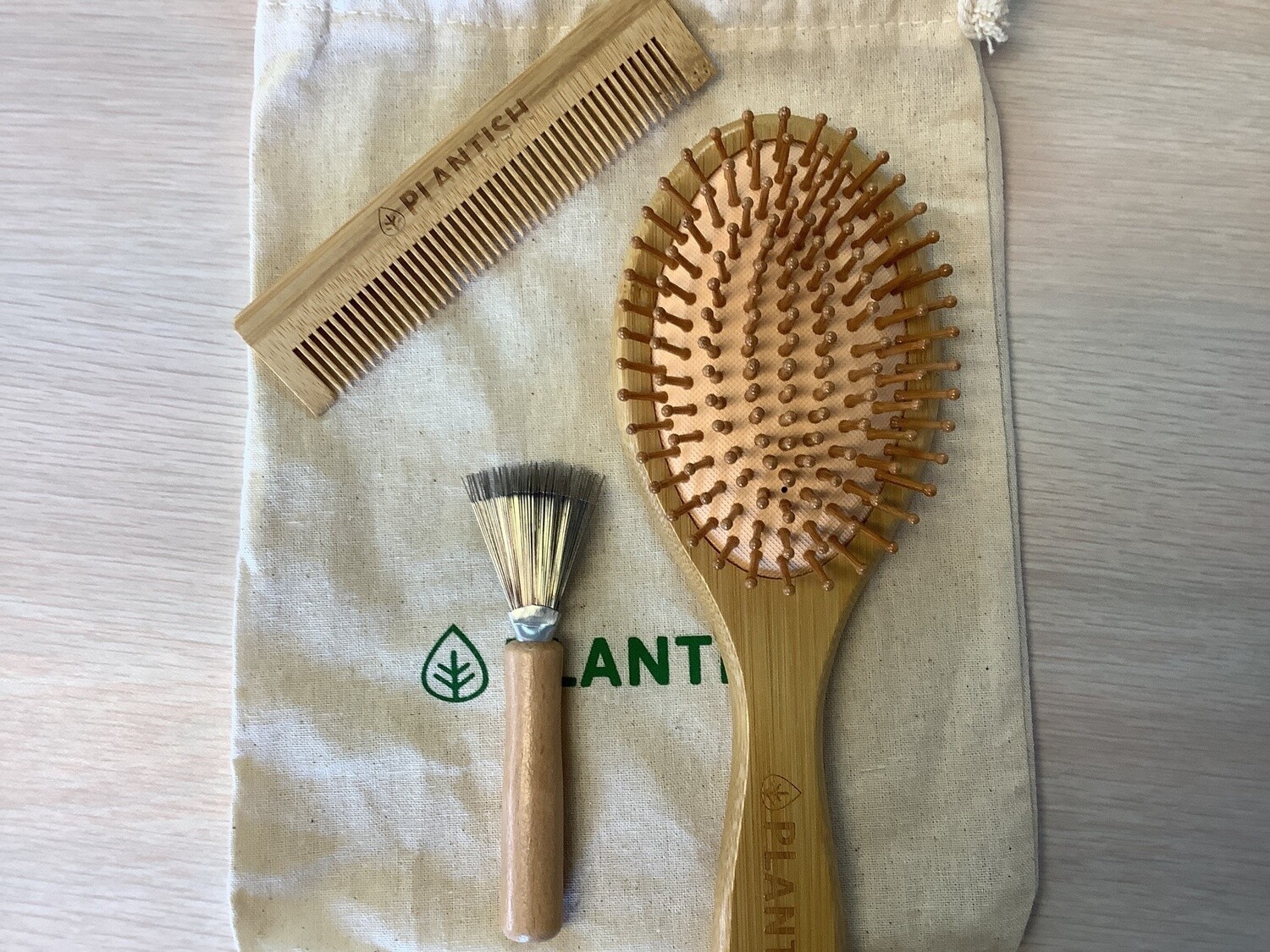 PLANTISH BAMBOO HAIR BRUSH SET, COMB, HAIR BRUSH, AND HAIR BRUSH CLEANING TOOL IN TRAVEL BAG