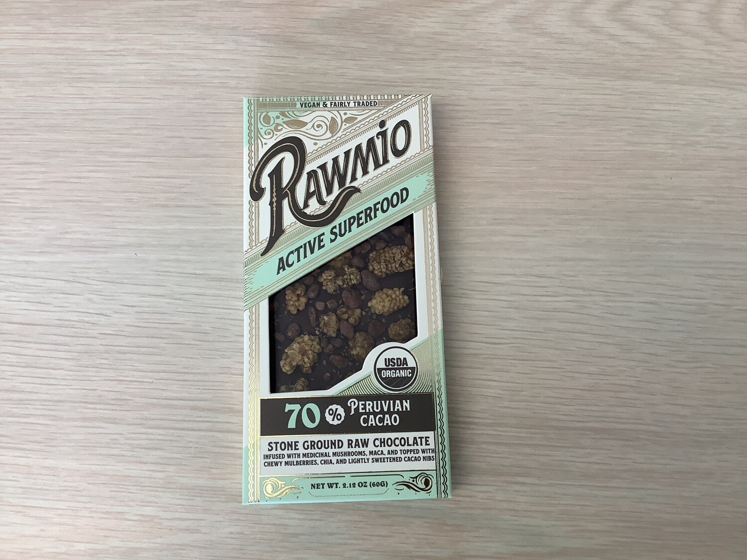 RAWMIO RAW CHOCOLATE BARK ACTIVE SUPERFOOD CACAO NIBS ORGANIC 2.12 OZ