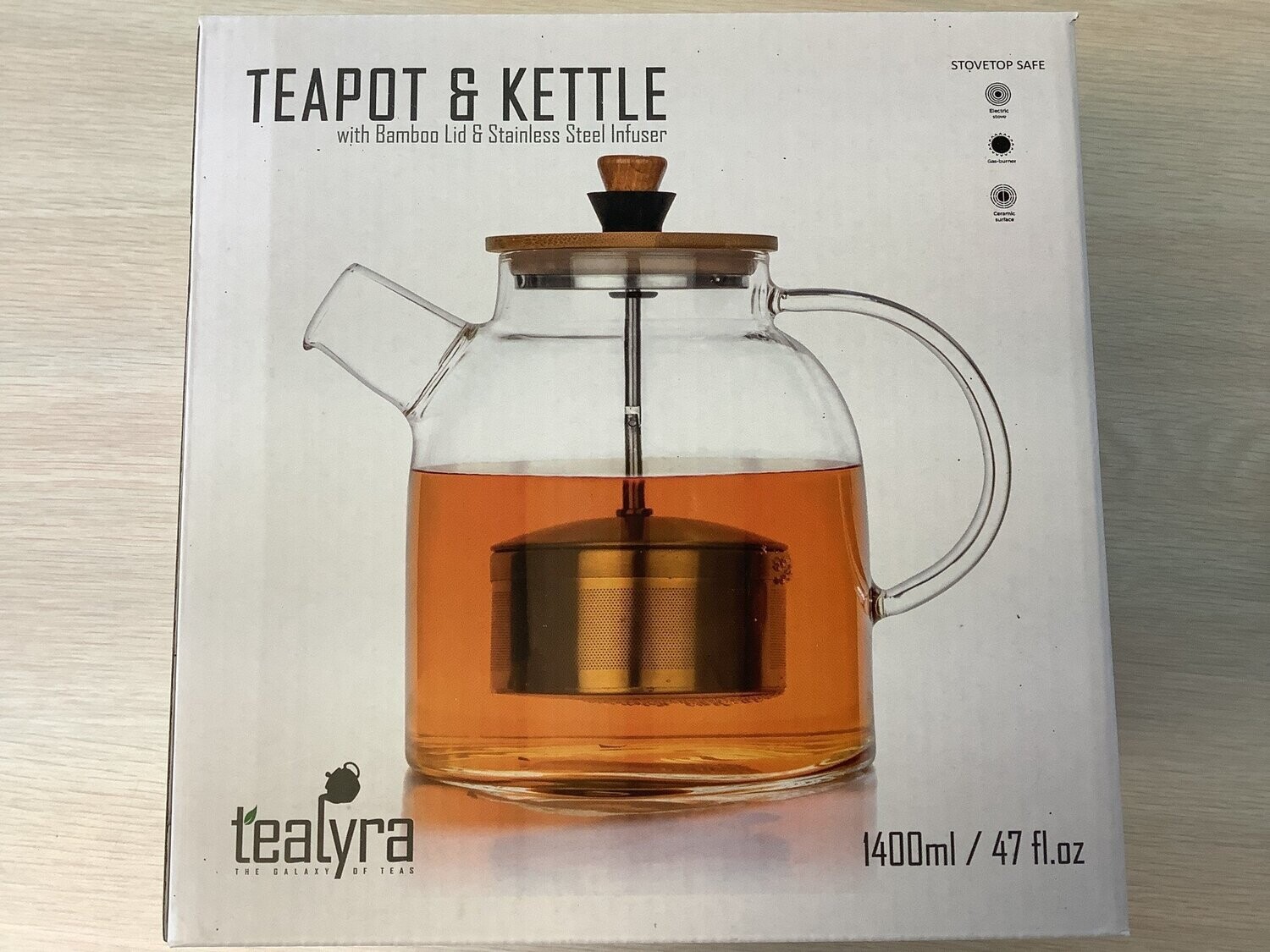 TEALYRA LARGE GLASS TEAPOT KETTLE 47 OZ (1.4 L) W/ INFUSER - STOVE-TOP SAFE