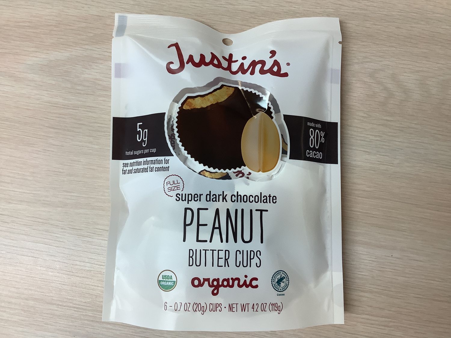 JUSTINS SUPER DARK CHOCOLATE PEANUT BUTTER CUPS 4.2 OZ BAG