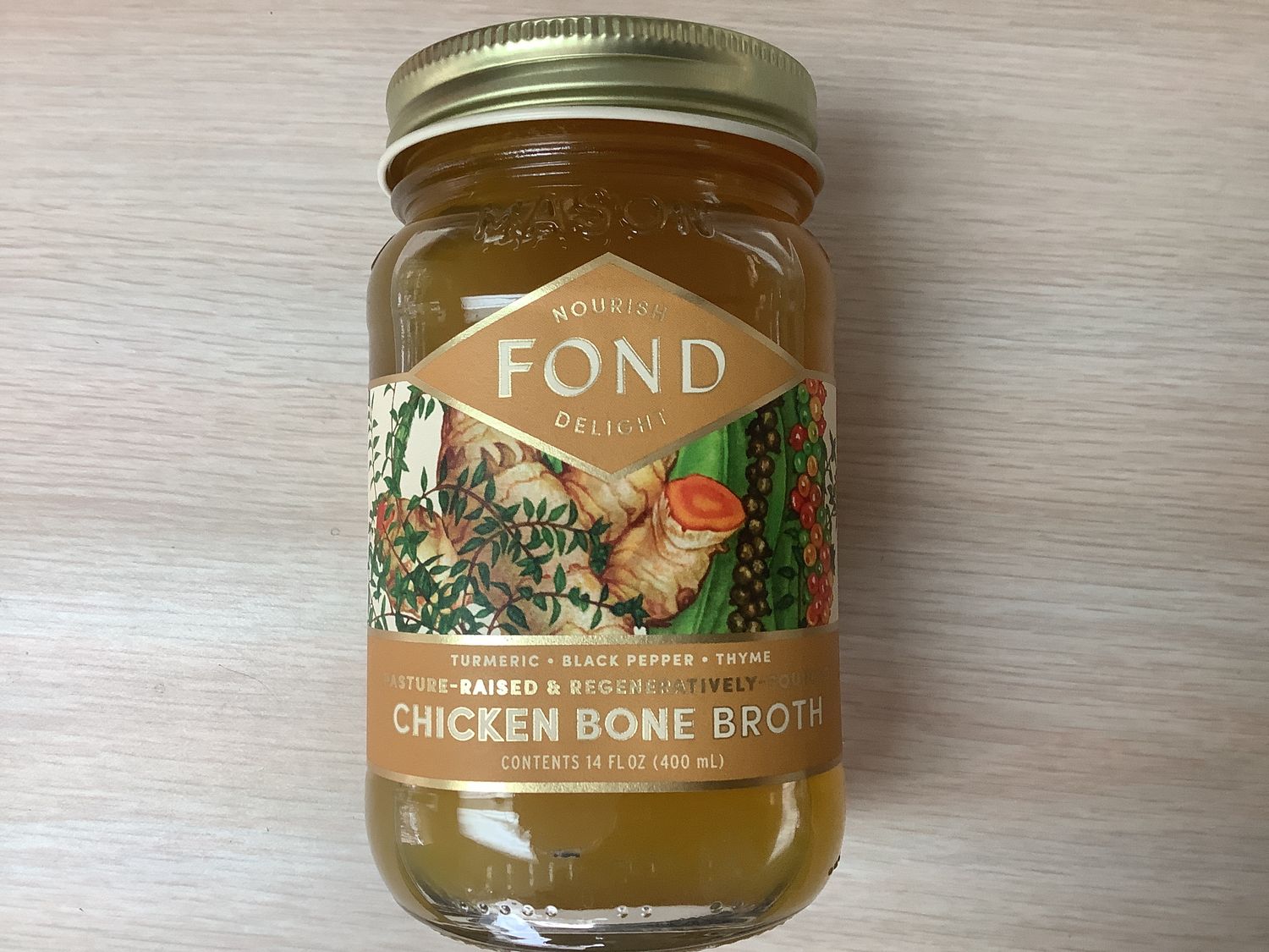 FOND Regenerative Chicken Bone Broth Turmeric Black Pepper Thyme (Liquid Light) 14 oz