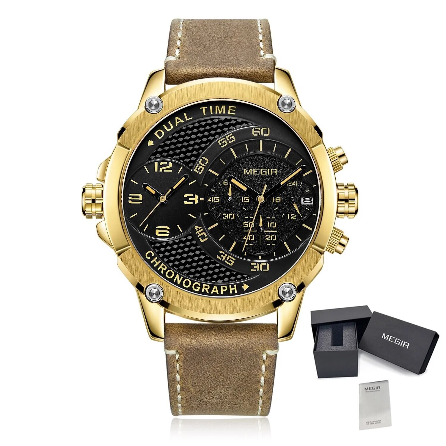 MEGIR Luxury Business Watches for Mens Leather Strap Casual Sports Wristwatch Chronograph Waterproof Male Clock Reloj Hombre, Color: Gold Brown