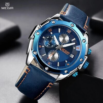 MEGIR Chronograph Men Watch Relogio Masculino Leather Strap Business Quartz Watch Clock Waterproof Date Army Military Wristwatch