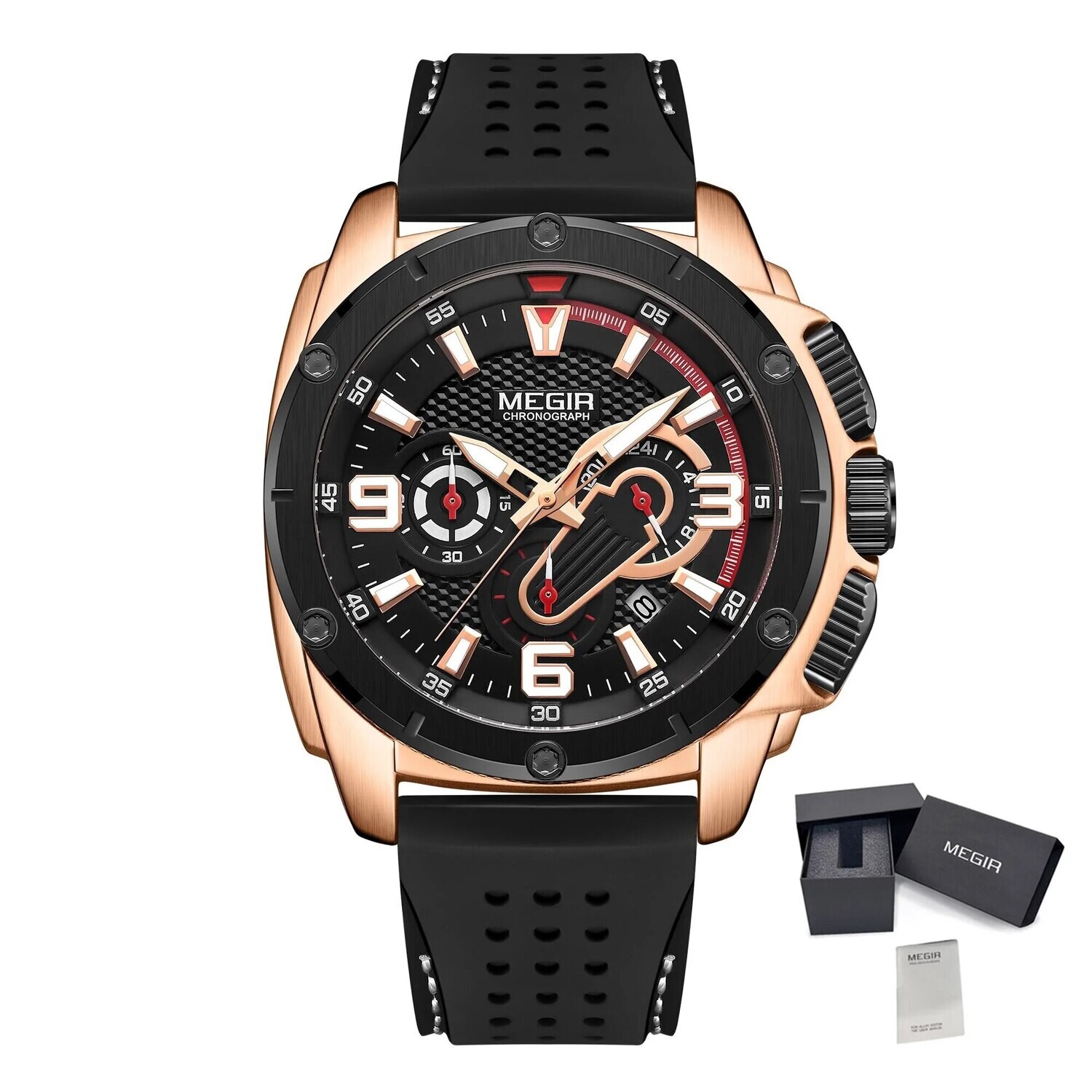 MEGIR Mens Watches Top Brand Luxury Silicone Sports Military Watch Waterproof Quartz Clock Men Chronograph Man Wristwatch 2147, Color: Rose Black