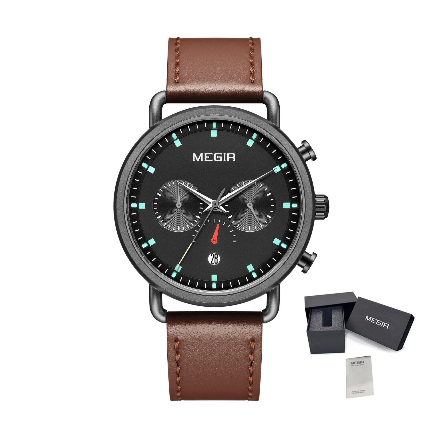 MEGIR Men Watch Top Brand Fashion Casual Quartz Watches Waterproof Date Man Sports Military Wristwatch Clock Relogio Masculino, Color: Brown (leather belt)