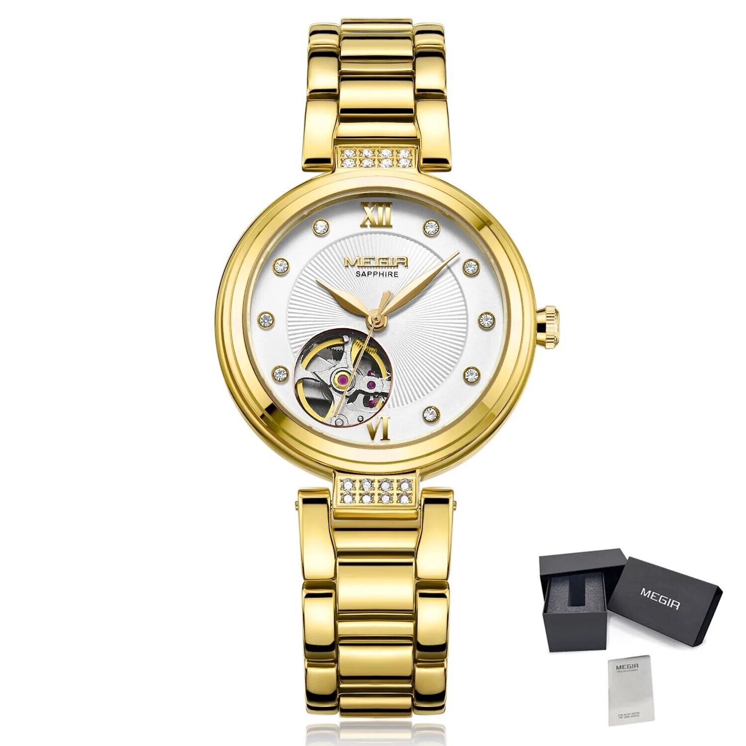 MEGIR Luxury Stainless Steel Gold Women Bracelet Watch Large Dial Automatic Mechanical Wrist Watches Ladies Business Watch Clock, Color: Gold
