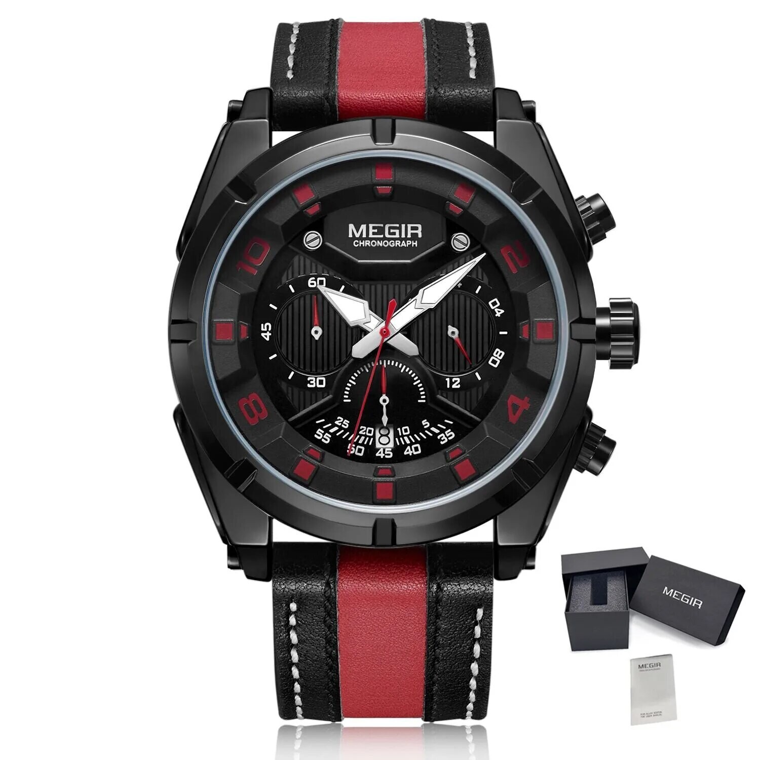 MEGIR Chronograph Sport Watch Men Quartz Wristwatches Clock Fashion Leather Army Military Watches Hour Time Relogio Masculino, Color: Red