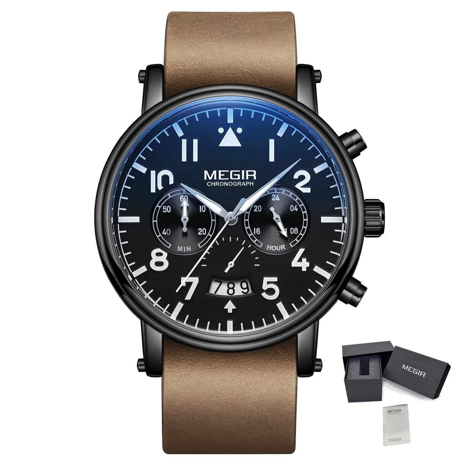 MEGIR Fashion Mens Watches Leather Military Sport Watch Chronograph Luminous Waterproof Quartz Wristwatch Man Clock Reloj Hombre, Color: Black Brown
