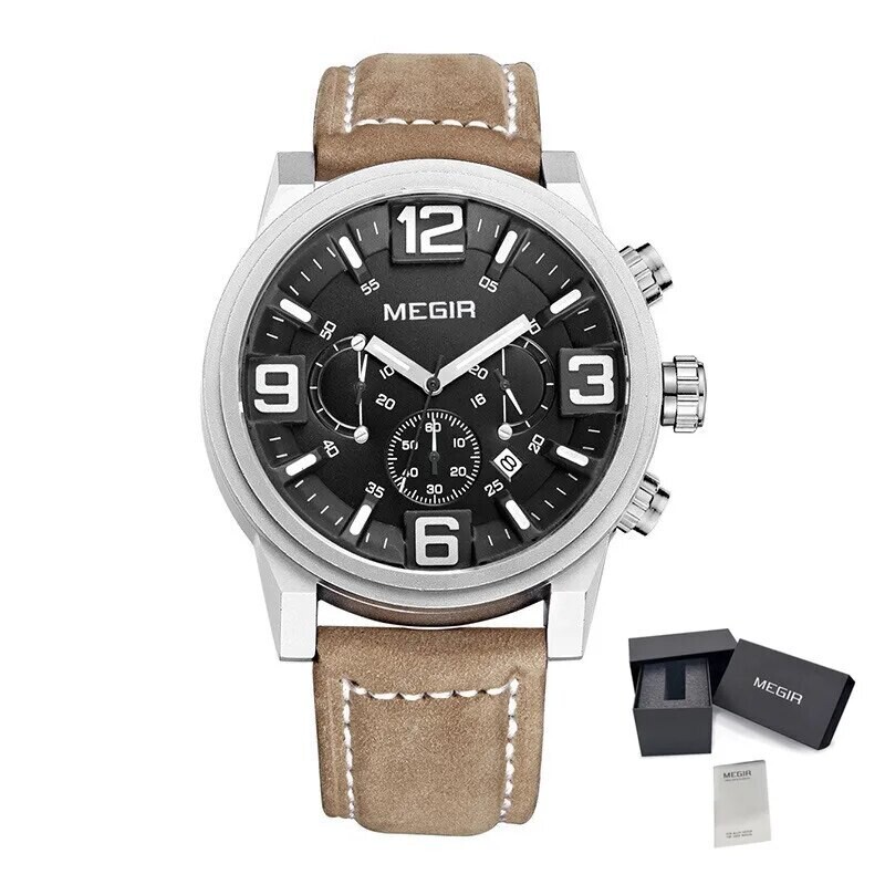 MEGIR Luxury Men&#39;s Watch Fashion Simple Casual Sports Watches for Mens Leather Strap Waterproof Quartz Chronograph Clock 3010, Color: Black Silver Brown