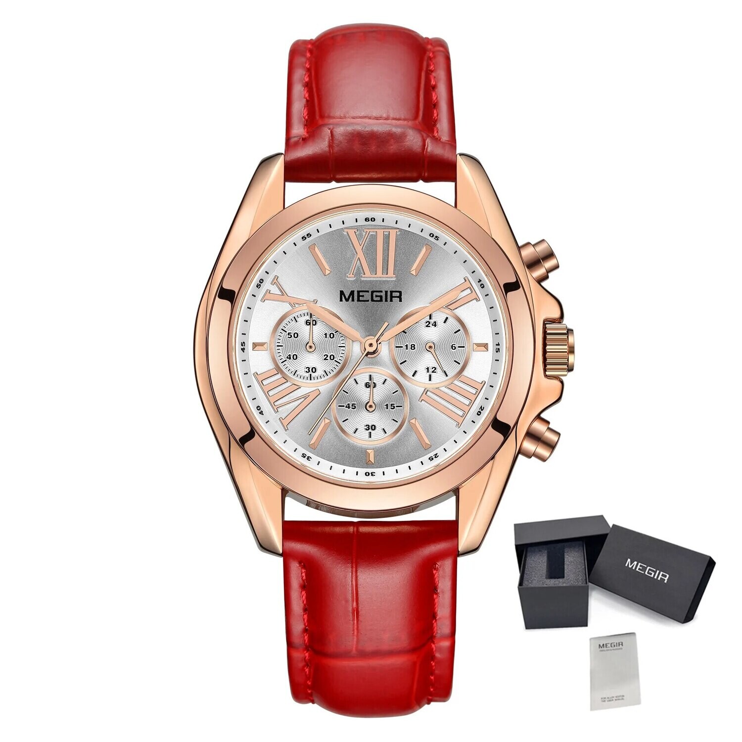 MEGIR Watch for Women Top Brand Luxury Ladies Fashion Wristwatch Leather Waterproof Elegant Dress Quartz Female Clock 2114, Color: Red
