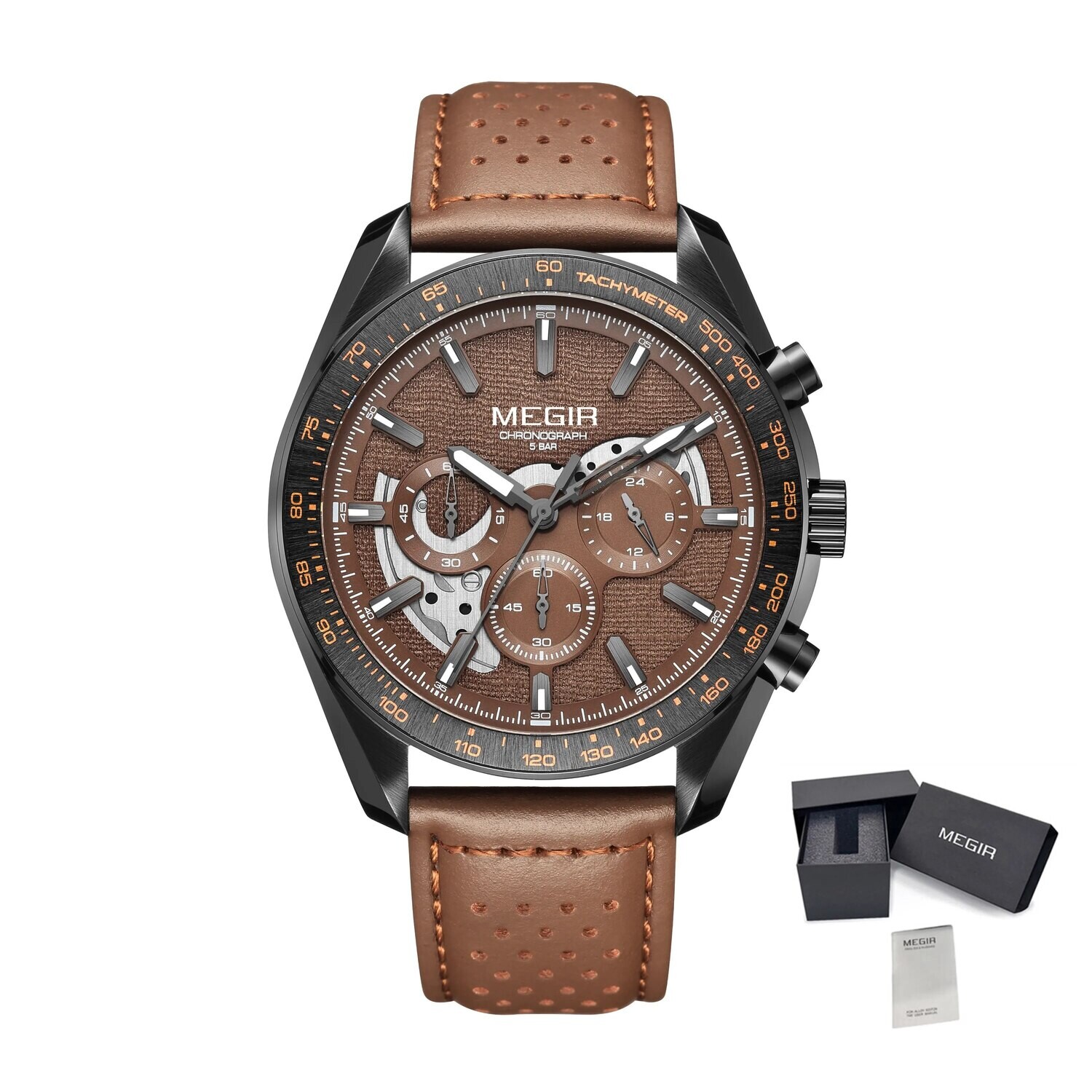 MEGIR Luxury Men&#39;s Business Casual Watches Leather Waterproof Quartz Chronograph Male Clock Wristwatch Relogio Masculino, Color: Black Brown