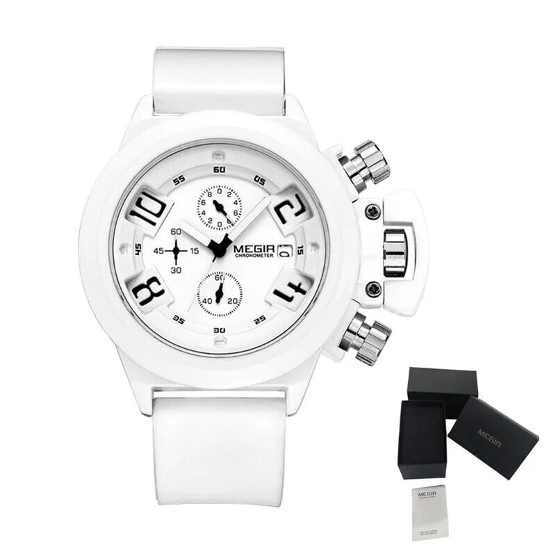 MEGIR Men Watches Luxury Fashion Sport Military Chronograph Luminous Date Quartz Wristwatch Clock Big Dial Relogio Masculino, Color: WHITE