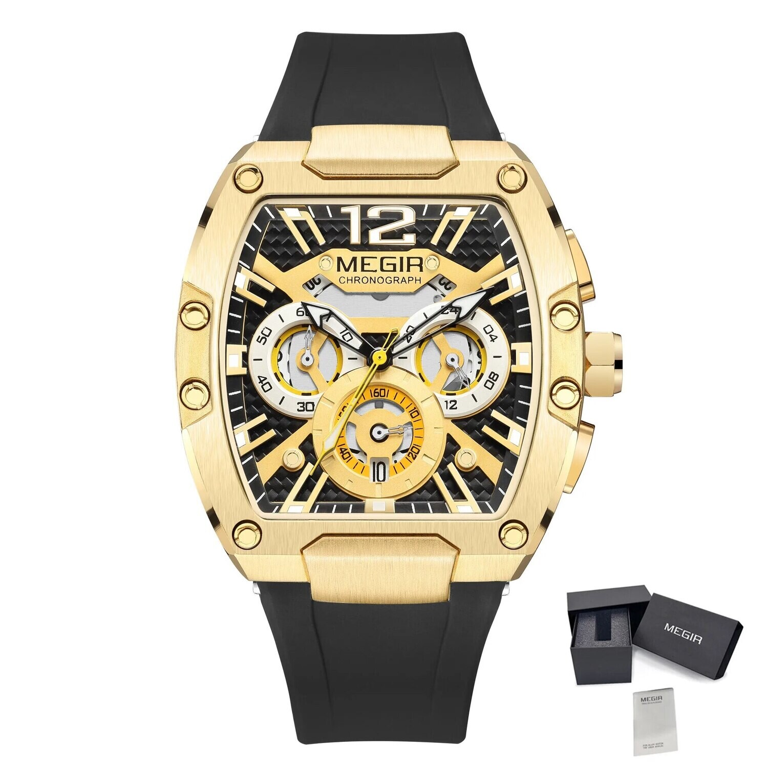 MEGIR Chronograph Luxury Sport Quartz Watch Men Waterproof Luminous Silicone Casual Big Dial Wristwatch Auto Date Reloj Hombre, Color: Gold Black