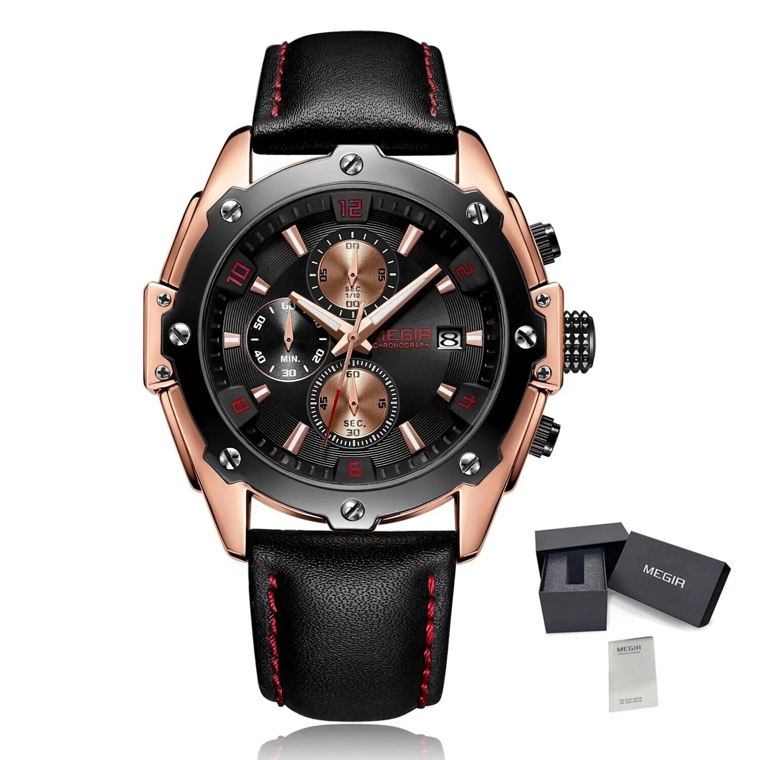 MEGIR Black Mens Watches Top Brand Luxury Chronograph Sports Quartz Wrist Watch Man Clock Waterproof Army Military Wristwatches, Color: Rose black