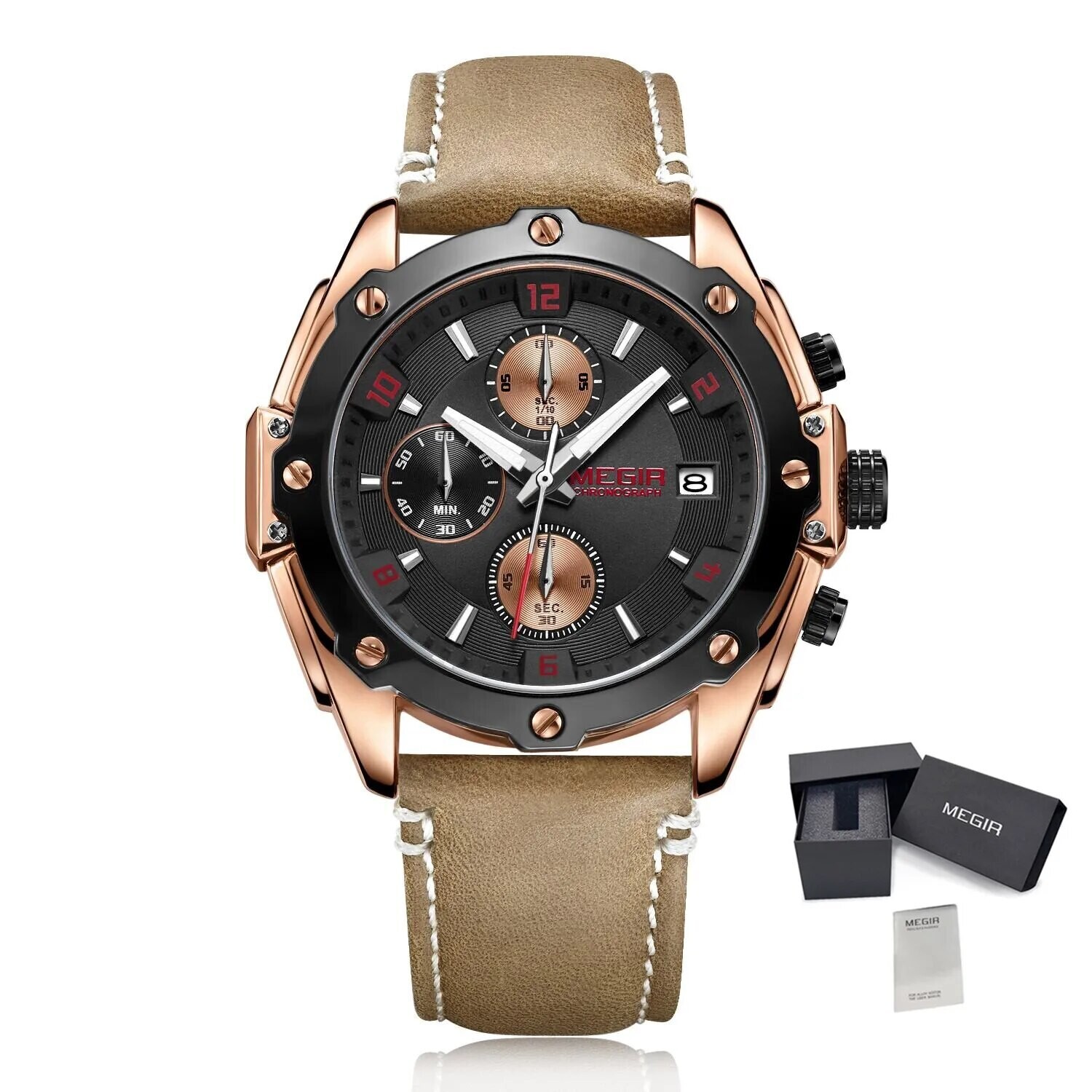 MEGIR Chronograph Men Watch Relogio Masculino Leather Strap Business Quartz Watch Clock Waterproof Date Army Military Wristwatch, Color: Rose Brown