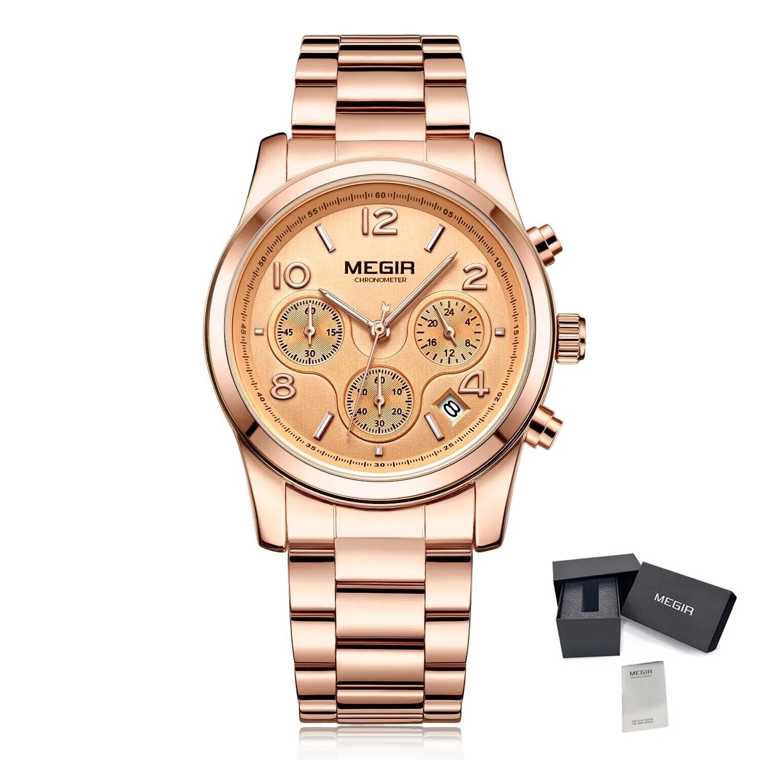 MEGIR Luxury Elegant Women Watch Stainless Steel Ladies Quartz Wristwatch Fashion Female Watches Casual Femme Relogio 2057, Color: Rose gold